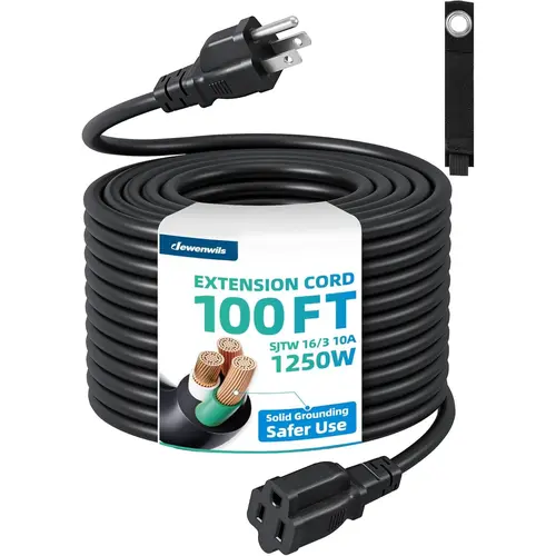 DEWENWILS 16/3 SJTW Outdoor Extension Cord - 3-Prong Water Resistant Full Copper Cable, Molded Ends, Storage Strap, Rated for -40°F to 140°F, 125V/10A/1250W, Black, ETL Listed, Camping Accessory for Outdoor Tasks, Workshop Projects, Camping & Hiking