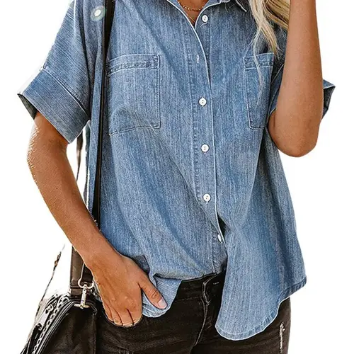 Ebossy Women's Breathable Denim Button-Down Blouse, Casual Loose Short-Sleeve Top with Pockets