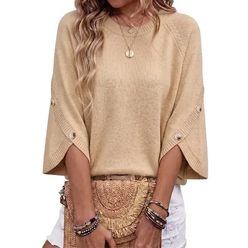 Dokotoo Womens Three Quarter Length Sleeve Casual Oversized Trendy Knitwear Sweaters Crewneck Sweater Knit Tops Button Sleeve Knit Pullover