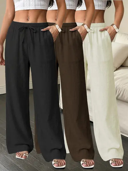 Women’s 3 pack ultra comfortable pants made from polyester fiber, featuring a drawstring elastic waistband, lightweight drapey fabric, wide leg design—ideal for sports and everyday casual wear, highly versatile.