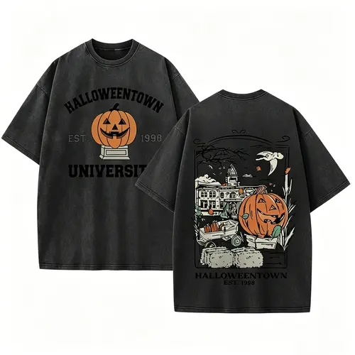Vintage Halloweentown University Est 1998 T‑Shirt, Pumpkin Spooky Town Washed Black Cotton Oversized Short Sleeve Tee, Retro Halloween Movie Casual Crewneck Shirt with Front & Back Print
