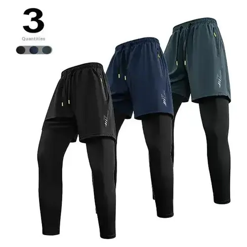 Men’s 2-Way Stretch 2-in-1 Quick-Dry Gym Pants - Breathable Activewear Bottoms with Elastic Waistband, Built-In Phone Pocket, Towel Loop, All-Season Comfort for Outdoor Running & Gym Workouts, Machine Washable, Machine Washable Men's Pants