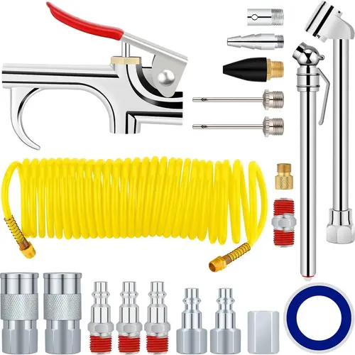 20pcs Air Compressor Accessory Kit, with Recoil Hose, Tire Inflator, Blow Gun, Brass Quick-Connect Fittings and More