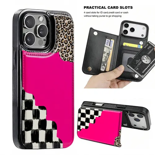 Leopard & Plaid Design 2-in-1 Faux Leather Wallet Casing for Smartphone, Cellphone, Handheld Devices, with Large Cutout, Card Holder, Credit Card Slots, Foldable Drop Protection, Fits iPhone 17 Air/16/15/14/13/12 Pro Max/Plus, Galaxy S22-S25 Ultra/Plus/+