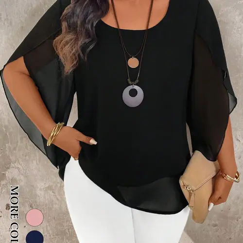 Women's Plus Size Elegant All Season Blouse Shirts Sheer Overlay Split Cape Sleeve Double Layer Flowy Tunic Office Workwear Evening Party Formal Outfits Trendy Tops Elegance