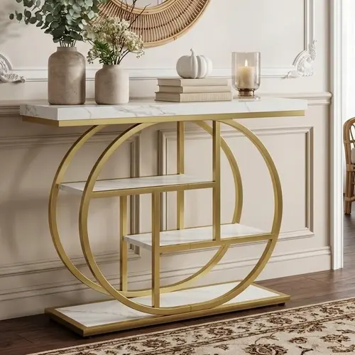 Walsunny Modern Rustic Brown Console Table, 41.3-Inch Narrow Sofa Table with Artistic Curved Metal Frame, for Hallway, Living Room