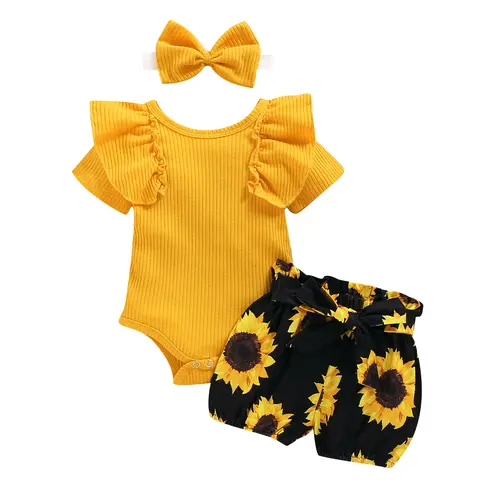 Ma&Baby 3PCS Baby Girl Clothes Set Short Sleeved Solid Color Ruffled Romper + Sunflower Print Shorts + Bow Headband Outfits 0-24 Months