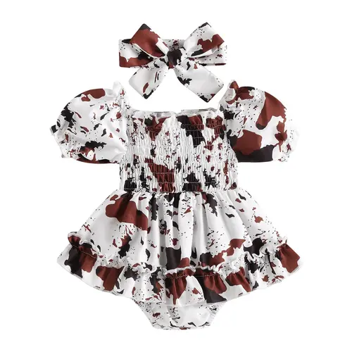 Ma&Baby Infant Baby Girl Bubble Romper Ruffled Dress Cow Print Onesie Summer Dresses Cute Clothes and Headbands
