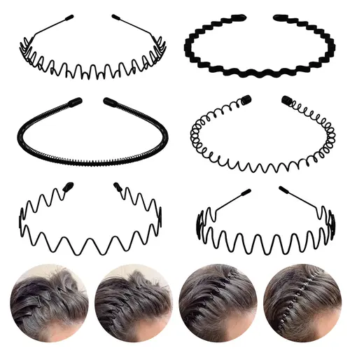 CUBIDUPI 6PCS Metal Hair Bands - Flexible Wavy Design Spring Hoop, Lightweight Non-Slip Women's Headbands for Casual Daily Gym Use, Securely in Place Slicked-Back Unisex Black Headbands, Sports
