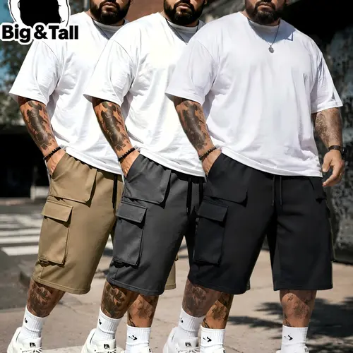 Large Size Men's Solid Color Casual Beach Shorts Set, Three-Piece Workwear with Flap Pockets, Casual Plain Pocket, Comfortable Fashion Design for Daily Wear, Casual Summer Bottoms