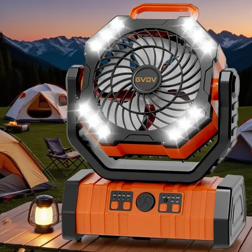 GVDV Camping Fan, Upgraded 30000mAh Portable Battery Operated Outdoor Fan with LED Lights & Remote Control, Personal Rechargeable Desk Fan for Travel, Hiking, Fishing, Picnic, Orange