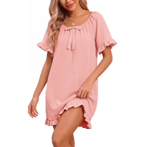 Women's Baggy Oversized Ruffle Sleeve Nightgown - Feminine Polyester Fabric Sleep Shirt with Bow Collar, Everyday Style for Summer Lounging