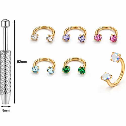 6pcs Value Pack 316L medical-grade titanium steel 18G 1.0mm Horseshoe Nose Hoop Internally Threaded Gems Nose Ring with Free Ball Holder & Guiding Needle