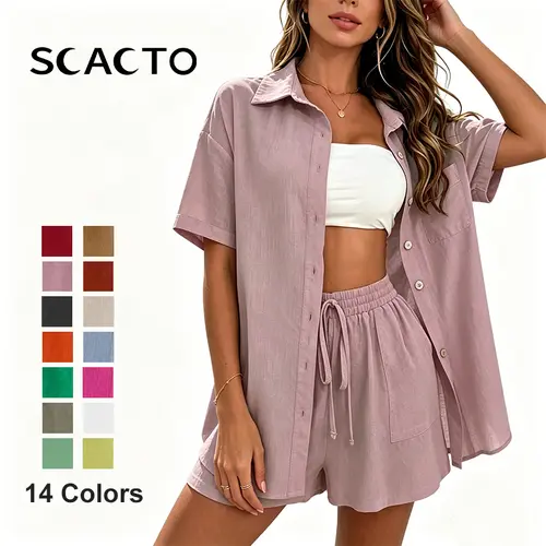 Scacto Women's Fashion Shorts Two Pieces Solid Color Shirt Suit Lady's 2-Piece Summer Casual Clothes Set - Single-Breasted Cardigan, Lapel Polyester Top & Loose-Fitting Above-Knee Woven Shorts with Slight Stretch, Stylish Loungewear, Tops