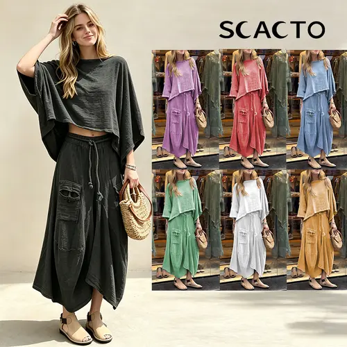 Scacto Women's 2 Piece Sets, All Season Vintage Solid Polyester Outfit with Batwing Sleeves, Loose Fit Plus Size Lady Clothes, Plussize, Vintage Style