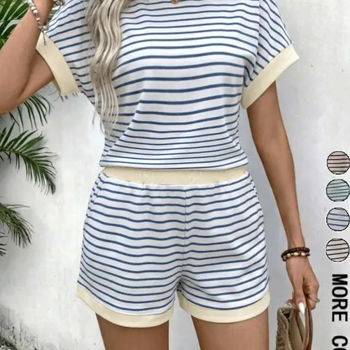 Women's Striped Knit Short Sleeve Top & Shorts Set, Lounge Set, Pajamas for Women, Pjs, Casual Style Summer Homewear, Pyjama Set for Beach and Vacation, Outdoor Wear, Loungewear & Sleepwear, Casual Comfy Pyjama