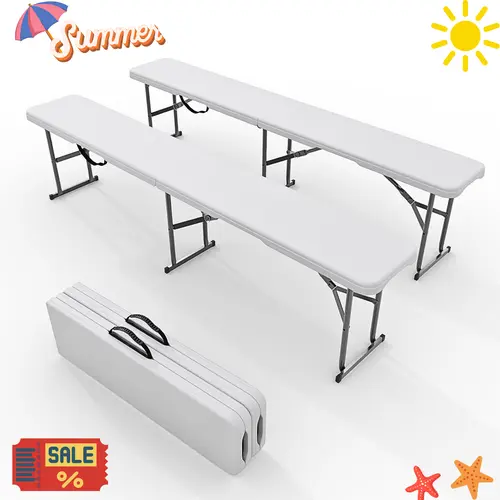 Garvee 2-Pack Foldable 6 FT HDPE Folding Benches, 72 x 11 x 16.5 Inches Portable Camping Dining Seats with Metal Frame, 650lbs Capacity for Wedding, Garden, Indoor/Outdoor Entertaining