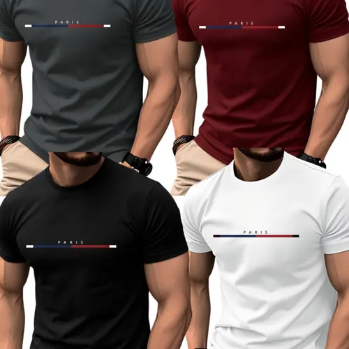 Men's 4-Pack Summer Short Sleeve Crewneck T-Shirts Tops, Trendy Slim Fit Breathable Daily Wear, Paris Letter Blue Striped Print, Sporty Style, Menswear, Casual