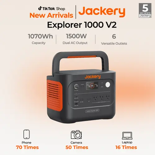 Jackery Explorer 1000 v2 portable power station features a 1070Wh lithium iron phosphate battery, 1500W output power, and 1-hour fast charging (a 5-meter extension cable is included free of charge).