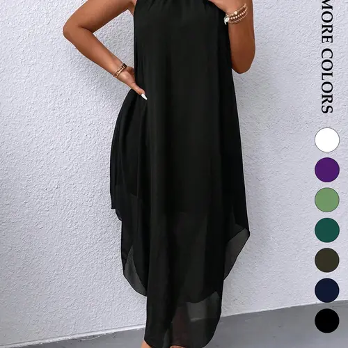 Women's Plus Size Halter Neck Sleeveless Long Dress, Double Layer Design, Casual Flowy Asymmetrical Hem Dress, Trendy Summer Wear for Wedding Guest and Evening Party