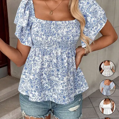 Women's Casual Feminine Floral Print Ruffle Sleeve Shirt, Layered Flutter Sleeves Peplum Hem Blouse, Stretchy Elastic Top, Comfortable and Stylish, Perfect for Daily Wear