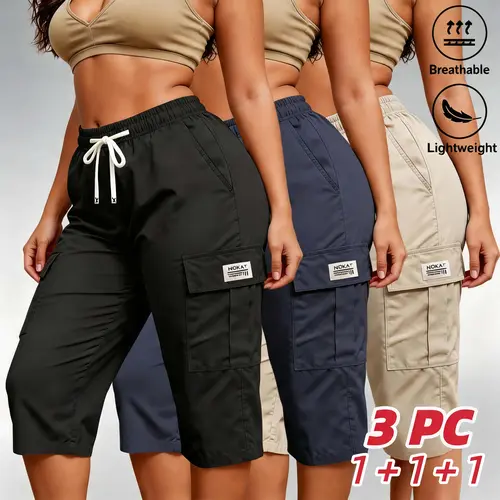 3PC Summer Women's Cargo Capri Pants Elastic Drawstring Flap Pocket Design Solid Color Loose Fit Daily Street Casual Wear Women's Clothing