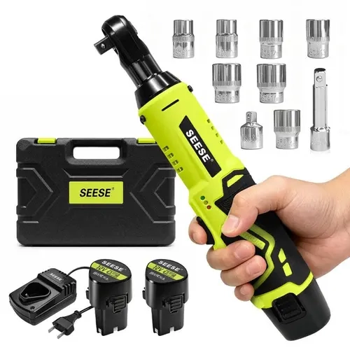 SEESE Cordless Ratchet Wrenches Se, 3/8" Drive Electric Ratchet with LED Light, 1/4" Adapter, 7-Piece Socket Set, 2 × 12V Batteries & Charger for Auto & Mechanical Repair