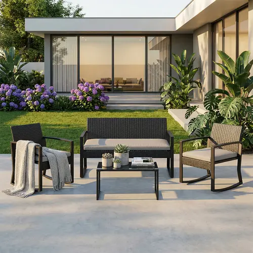4-Piece Outdoor Patio Rocking Chair Set All-Weather PE Rattan Wicker Conversation Furniture with Coffee Table and Cushions for Backyard Porch Garden Modern Style Cushions