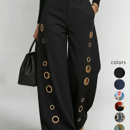 Solid Color Button Hollow-Out High-Waisted Loose Wide-Leg Pants, Casual Fashion Bottoms, Stylish Pockets Long Trousers for Women