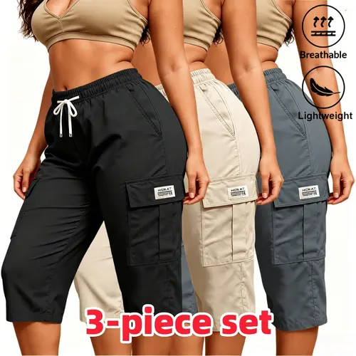 Casual Fashion Women's Cargo Capri Pants Elastic Drawstring Flap Pocket Design Solid Color Loose Fit Daily Street Casual Wear 3PC Women's Clothing sweatpants