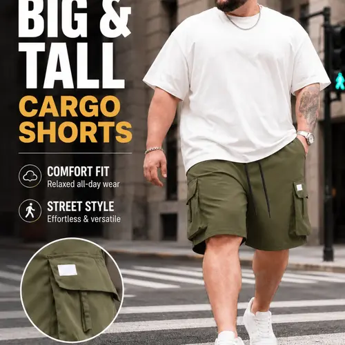 Large Size Men's Plain Cargo Style Shorts, Drawstring Waist Design, Flip Cover Pockets, Ideal for Casual and Sports Wear