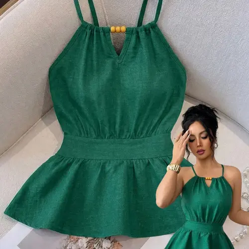 Summer Women's Elegant Chic Woven Halter Top, Adjustable Drawstring Beads Casual Cami Top