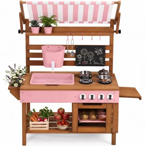 Best Choice Products Deluxe Wooden Outdoor Mud Kitchen for Kids w/ Canopy, Water Tank, Faucet & 11pc Accessories