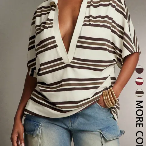 Spring-Summer Deep V-Collar Striped Streetwear Polo Shirt, Loose-Fit Short-Sleeve Casual Top, European and American Style, Comfortable and Stylish, Summer Polos