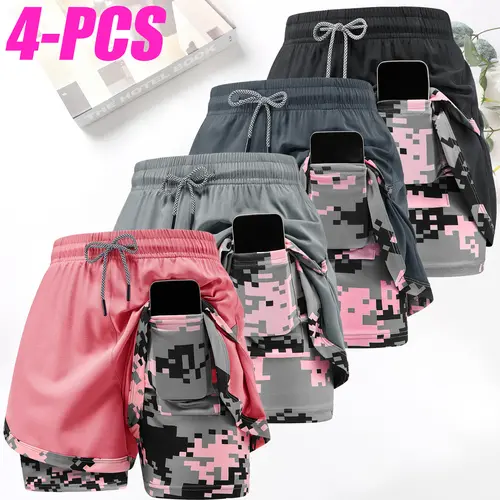 4-Pack Women’s 2-in-1 Camouflage Lined Running Shorts — Quick-drying, anti-chafing sports shorts with no ride-up issues, suitable for the gym, yoga, and outdoor workouts