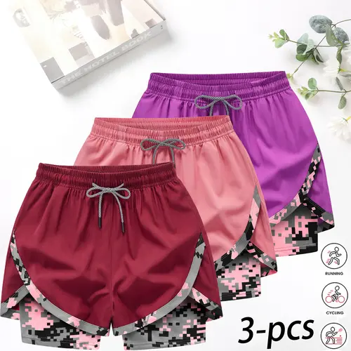 3-Pack Women’s 2-in-1 Camouflage Lined Running Shorts — Quick-drying, anti-chafing sports shorts with no ride-up issues, suitable for the gym, yoga, and outdoor workouts