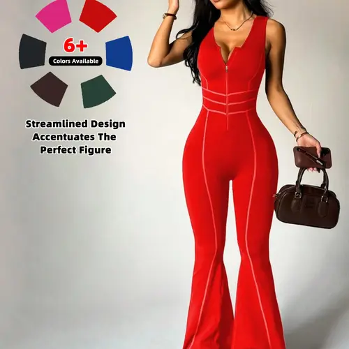 Women's Seamless Fashion Hollow Out Zipper Backless Sporty Micro Flare Sporty Chic Jumpsuit, High Elastic Waist Workout Long Pants, Fitness Activewear Workout Jumpsuits