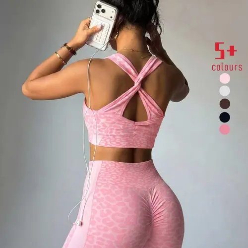New Leopard Print Detachable Padded Bra Seamless Cross Back High Waist Sporty Bottoms Set for Women, Athletic Sets, All Seasons Slim Fit, Seamless Sports Set, Exercise Clothing, Seamless Sportswear