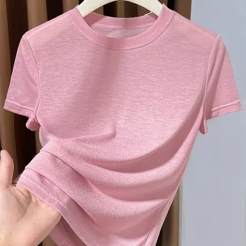 2026 New Knitted Face Mask Short Sleeve Inner Top, Summer Casual Basic Small Round Neck Thin Plain T-Shirt for Women, Slim-Fitting Without Collar, Casual Tee, Summer Minimalist Top
