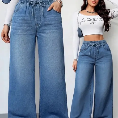 Women's Casual Elastic Waist Jeans With Pockets , Loose Fit Wide Leg Pants, Versatile Basic Denim, Comfortable and Stylish, Perfect for Everyday Wear