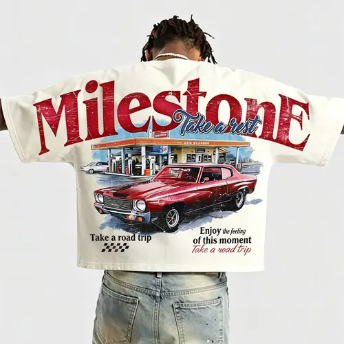 American Retro Vintage Milestone Retro Car Motel Print Batwing Sleeve T-Shirt Streetwear Casual 🔥 A Must-Have for Street-Style Guys' OOTD Retro Print Short-Sleeve ✨ The Pinnacle of Spring and Summer Street Fashion Menswear Casual Print Tee Tops