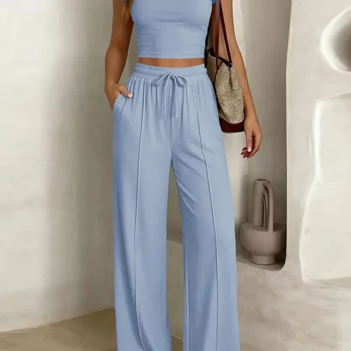New Summer Autumn Casual Slimming Y2K Two-Piece Set Short Sleeve Top Long Pants Drawstring Cross-Border Commute for Women Top Trousers Set Clothes
