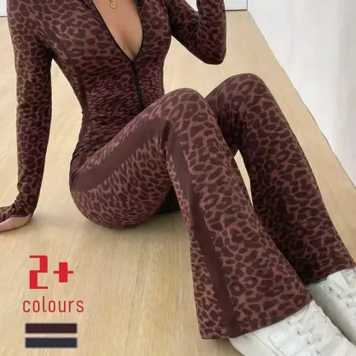 Women's Leopard Print Zipper Long Sleeve Seamless Yoga Suit, High Waist Butt Lifting Sporty Pants, Slim Fit Fitness Running, Seamless Yoga Sportswear