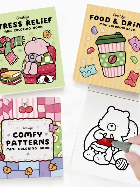 Coco Wyo Mini Coloring Book Set of 3 (3 x 3.5 in) – Stress Relief, Food & Drink, and Comfy Patterns