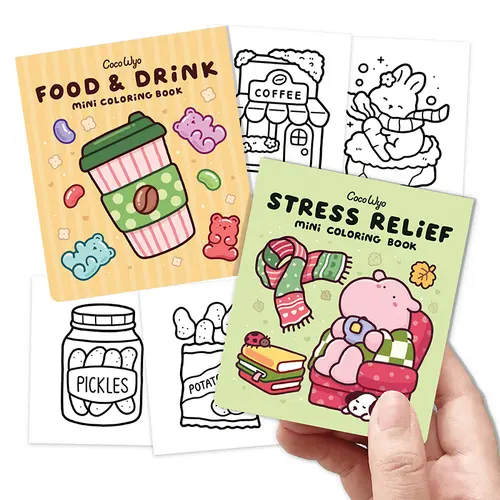 Coco Wyo Mini Coloring Book Set of 2 (3 x 3.5 in) – Stress Relief, Food & Drink - Office Art Supplies, Beginner Friendly, Quiet Time, Cozy Coloring