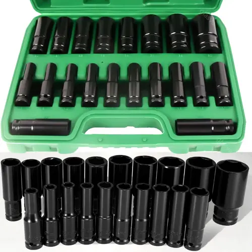 Matte Black Cold-Forged Deep Well Impact Socket Set, 20-Piece 1/2-In Drive 6-Point Deep-Well 8mm-32mm Sizes with Rust-Resist Coat, 6-Point Wheel Nut Grips, Laser Markings, Compact Case for Tire Changes/Repairs, DIY & Pro Enthusiasts’ Garage Projects