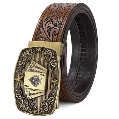 BELTROAD Men's Western Ratchet Belt - Embossed Leather with Automatic Lock Steer Skull Buckle, Custom Fit Western Stuff for Jeans, Men's Accessories