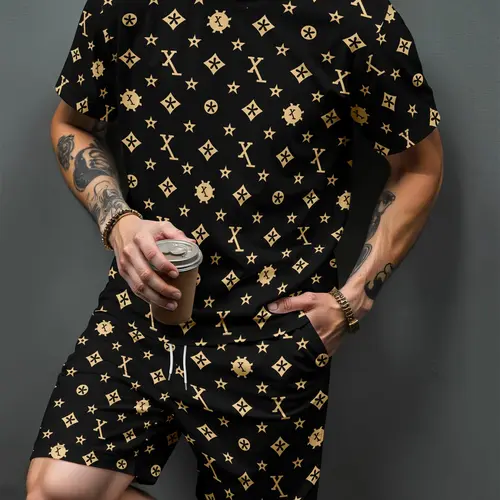 Men's 2 Piece Summer Outfits Black Gold Geometric Star Monogram Print Short Sleeve T‑Shirts Drawstring Casual Shorts Set