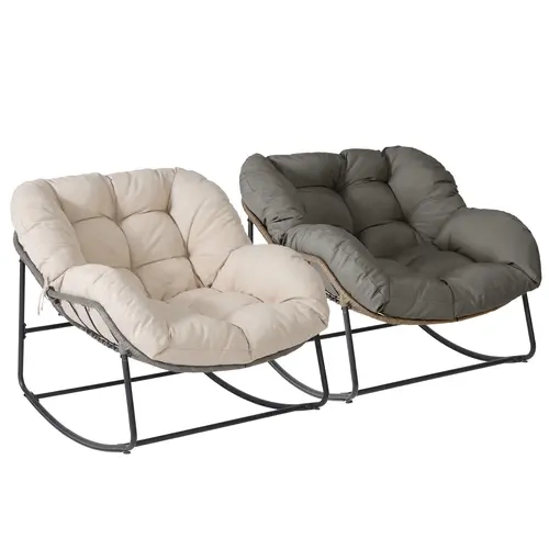 【Upgraded large】2-Piece Large Wicker Patio Rocking Chair Set with Padded Cushion, 300 LBS Weight Capacity, 30° Smooth Rocker for Backyard Balcony Living Room Bedroom, Gray