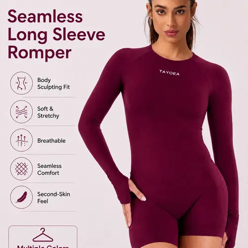 Tayoea Seamless Breathable Compression Long Sleeve Thumbhole Backless Romper, Ideal for Running Yoga Fitness Cycling, Outdoor Indoor Daily Wear